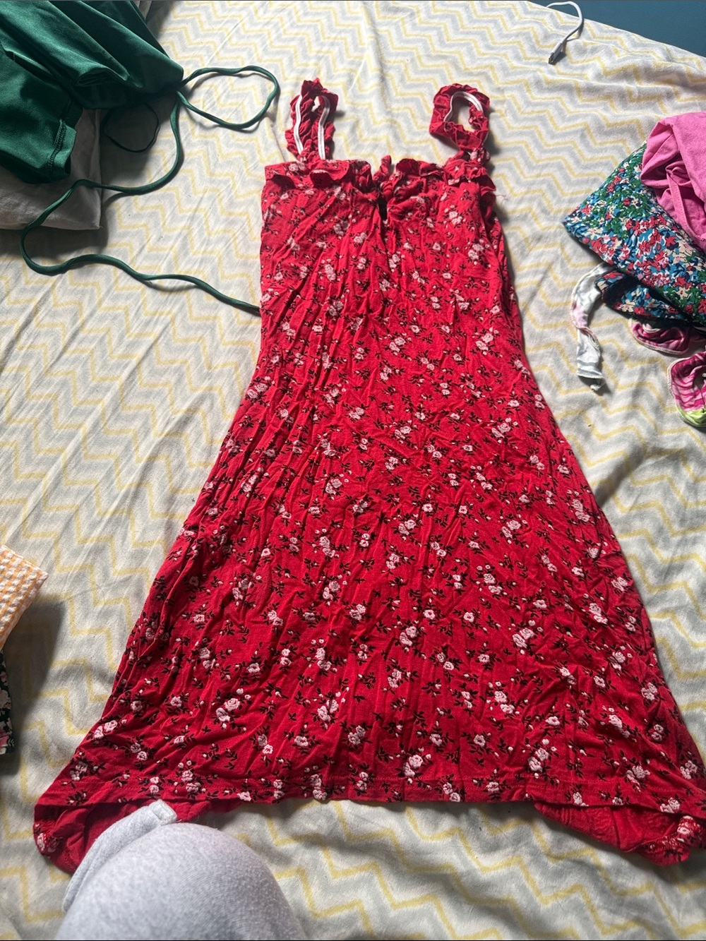 PrettyLittleThing Red Floral Ruffle Strap Midi Dress